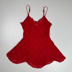 Vintage Hanky Panky Red Sheer Floral Lace Chemise Sz Medium Babydoll Slip Dress